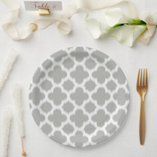 Beige Grey White Retro Ikat Quatrefoil Patroon Papieren Bordje