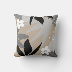Beige Grijs Zwart & Wit Artistiek Abstract Bloemmo Kussen