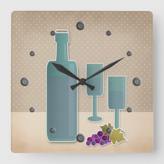 Beige grunge retro wijnglazen druivenpolsen vierkante klok (Voorkant)