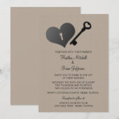 Beige Heart Lock en Key Wedding Invite Kaart (Voorkant / Achterkant)