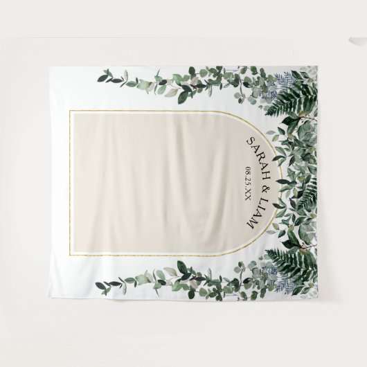 Beige Ivoor Moderne Arch Botanische Bruiloft Achte Wandkleed (Voorkant (horizontaal))