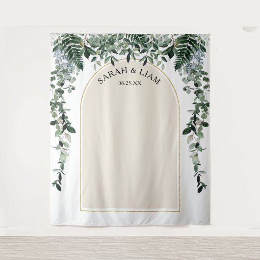 Beige Ivoor Moderne Arch Botanische Bruiloft Achte Wandkleed (Voorkant)