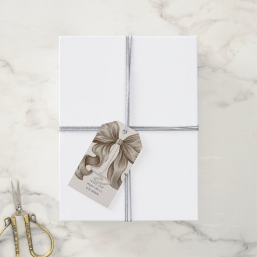 Beige Ivory Bow Baby Shower Thank You Cadeaulabel (Met Touw)