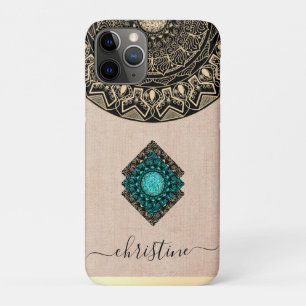 Beige jute zwart goud mandala script naam rustiek iPhone 11 pro hoesje