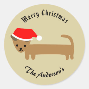 Beige Kerstmis Wiener Hond Vrolijk Kerstfeest Ronde Sticker