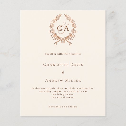 Beige kuif monogram QR RSVP budget bruiloft (Voorkant)