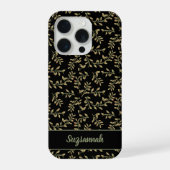 Beige Leaf Pattern op Black Background Custom iPhone Hoesje (Achterkant)