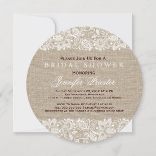 Beige Linen Burlap & White Floral Lace 2 Invite Kaart