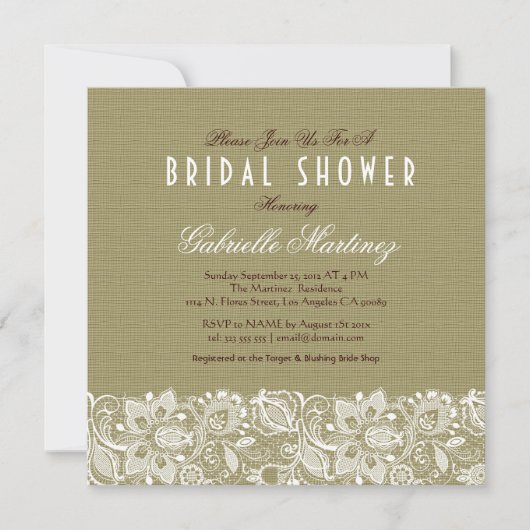 Beige Linen Burlap & White Floral Lace Invite Kaart (Voorkant)