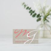 Beige Linen Coral Monogram Modern Visitekaartje (Staand voorkant)