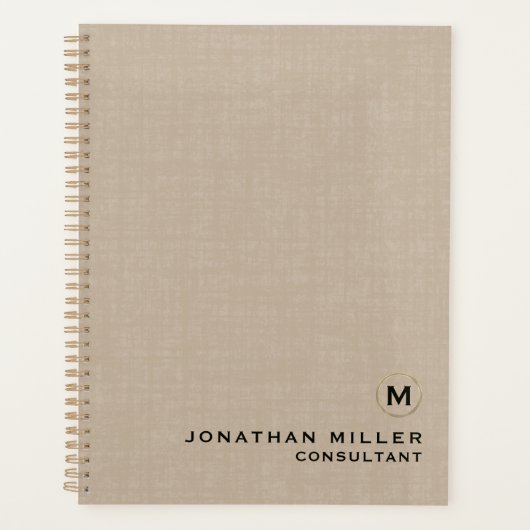 Beige Linen Gold Monogram Benoeming Book Planner (Voorkant)