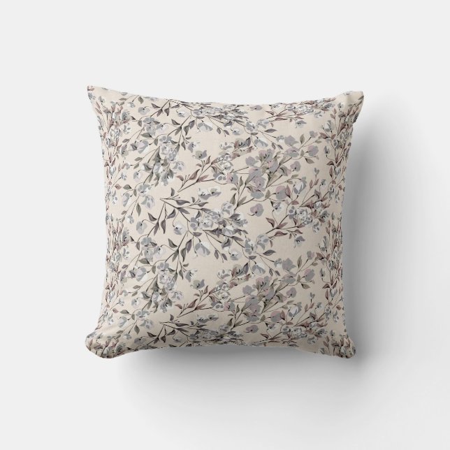 Beige Linen Gray Elegant Dainty Floral Pattern Kussen (Voorkant)
