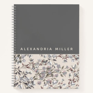 Beige Linen Gray Floral   Gepersonaliseerde naam Notitieboek