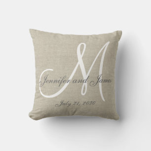Beige Linen Gray White Monogram Wedding Keepslag Kussen