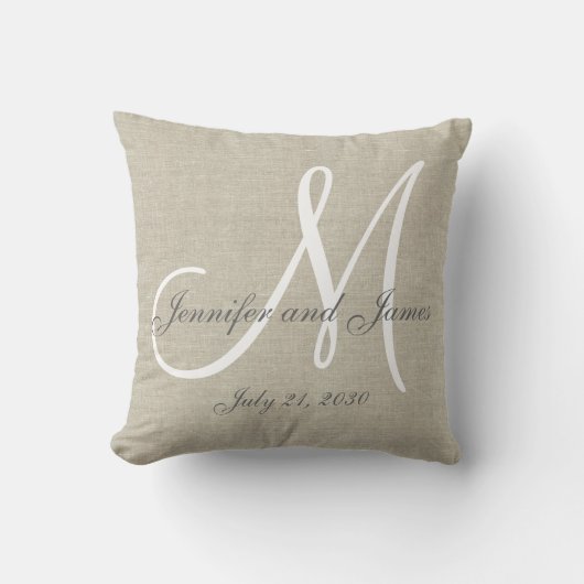 Beige Linen Gray White Monogram Wedding Keepslag Kussen (Voorkant)