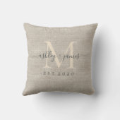 Beige Linen Ivory Monogram Script Weddenschap Kussen (Achterkant)