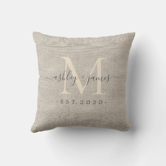 Beige Linen Ivory Monogram Script Weddenschap Kussen (Achterkant)