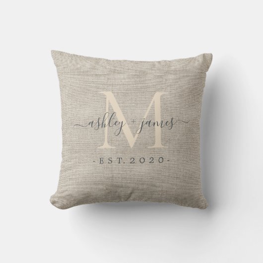 Beige Linen Ivory Monogram Script Weddenschap Kussen (Voorkant)