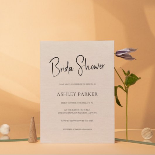 Beige Linen Simple Black Script Bachelorette Party Kaart