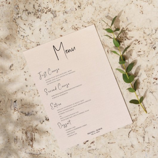 Beige linen Simple Black Script Wedding Menu Kaart