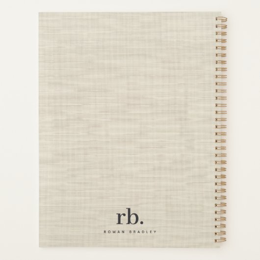 Beige Linnen Creme Textuur Eenvoudig Elegant Monog Planner (Achterkant)