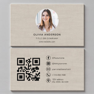 Beige Linnen Foto met QR-code Social Media Visitekaartje