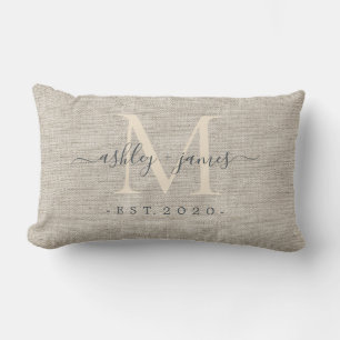 Beige Linnen Ivoor Monogram Script Trouwherinnerin Kussen