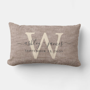 Beige Linnen Ivoor Monogram Trouwherinnering Kussen