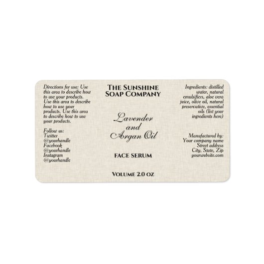 Beige linnen papier stijl cosmetica druppelaar fle etiket (Voorkant)