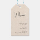 Beige linnen Simple Script Welcome Huwelijkscadeau Cadeaulabel (Voorkant)