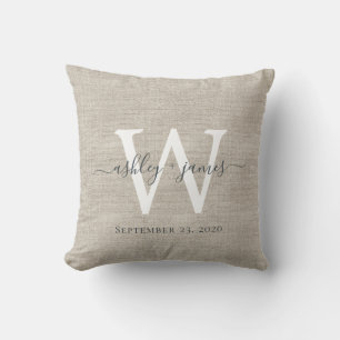 Beige Linnen Witte Monogram Huwelijksaandenken Kussen
