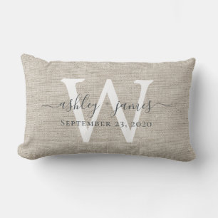 Beige Linnen Witte Monogram Trouwherinnering Kussen