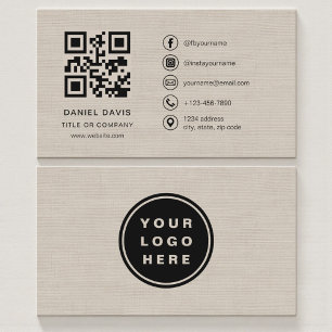 Beige Linnen Zakelijk Bedrijfslogo QR-code Visitekaartje