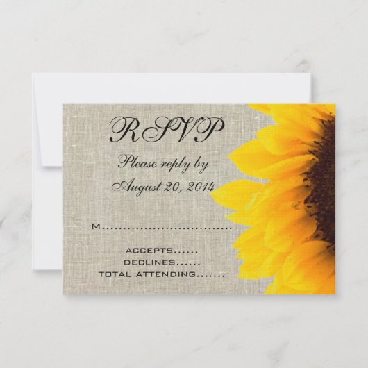 Beige Linnen Zonnebloem Rustieke Trouw-Huwelijksre RSVP Kaartje (Voorkant)