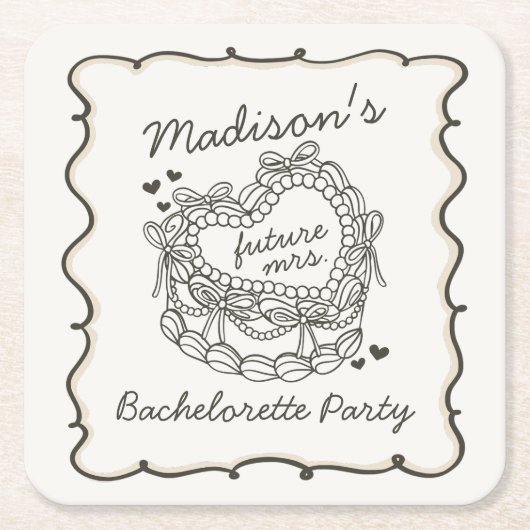 Beige Lint Retro Hart Coquette Taart Verloofd Met  Vierkante Kartonnen Onderzetter (Voorkant)