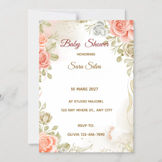 Beige Met Bloemen Baby Shower Uitnodiging