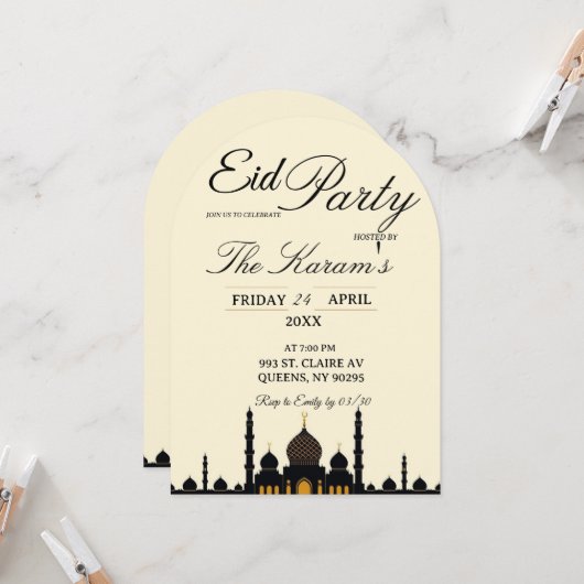 Beige Minimalist elegant Eid Party Invitation Card (Devant/Arrière en situation)