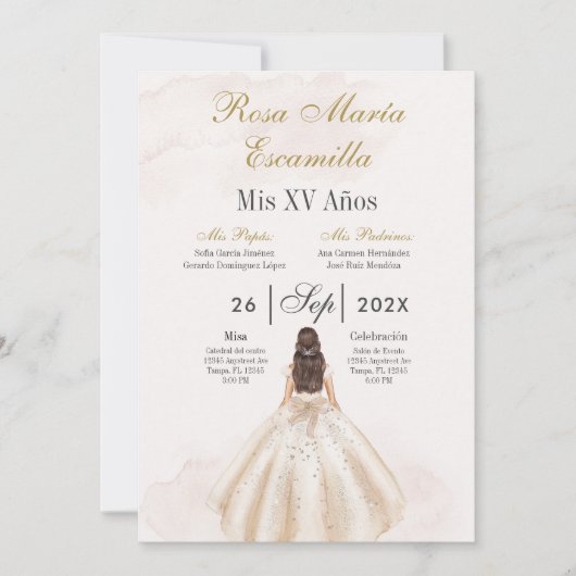 Beige minimalist Quinceañera invitation (Devant)
