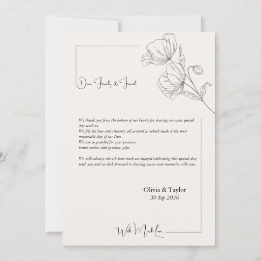 Beige minimalistische bloem Dank u bruiloft Kaart (Achterkant)