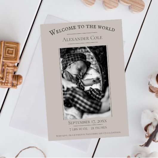Beige Minimalistische Foto Geboorteaankondiging Aankondiging
