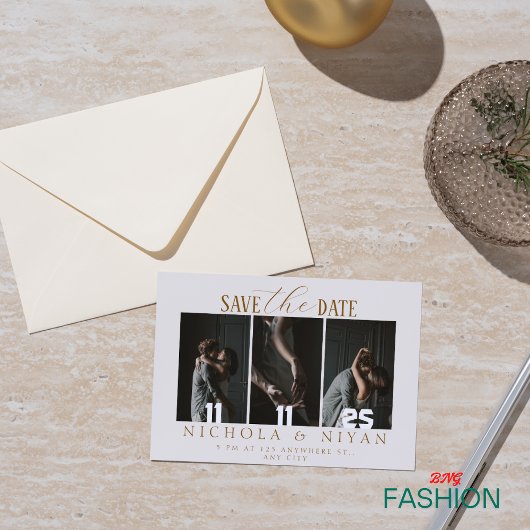 Beige minimalistische fotocollage bruiloft save the date