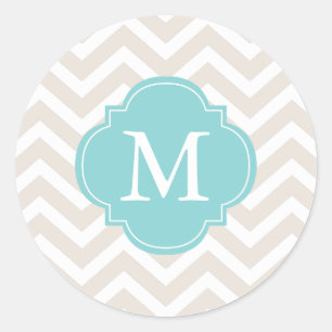 Beige & Mint Zigzags Patroon Monogram Ronde Sticker