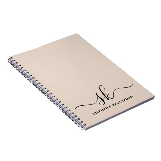 Beige Modern Minimale Naam Initiaal Monogram Notitieboek (Rechterzijde)