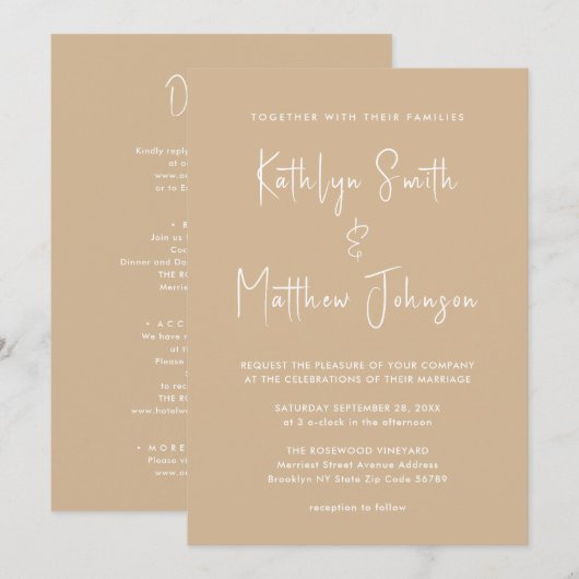 Beige Modern Script All-in-One minimalistische bru Kaart (Voorkant / Achterkant)