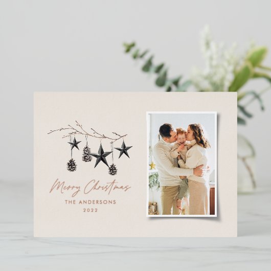 beige moderne scandi elegante kerstfoto folie feestdagenkaart (Staand Voorkant)