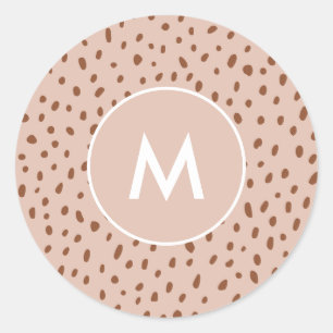 Beige Monogram Terracotta Bruine Stippen Print Ronde Sticker