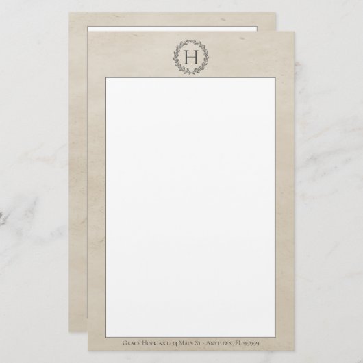 Beige Monogram Wreath Stationery Briefpapier (Voorkant / Achterkant)