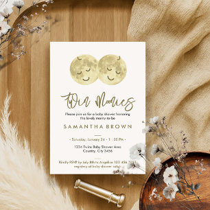 Beige Moon Twins Baby shower Kaart