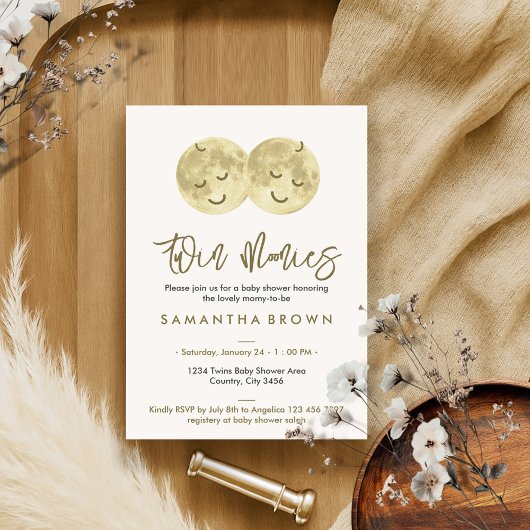 Beige Moon Twins Baby shower Kaart