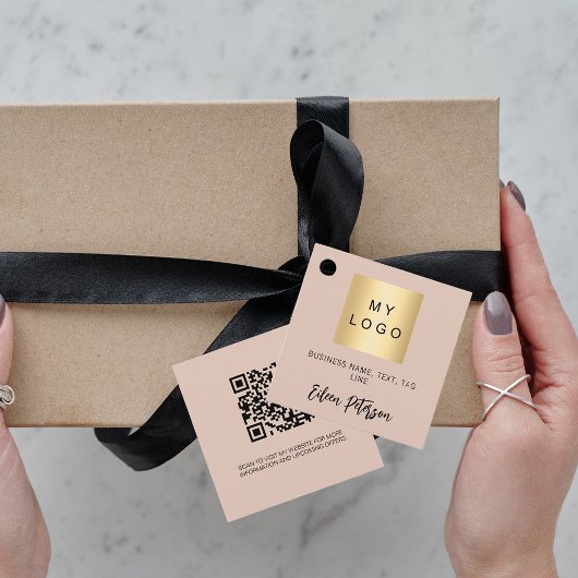 Beige naam bedrijf logo QR code hang label